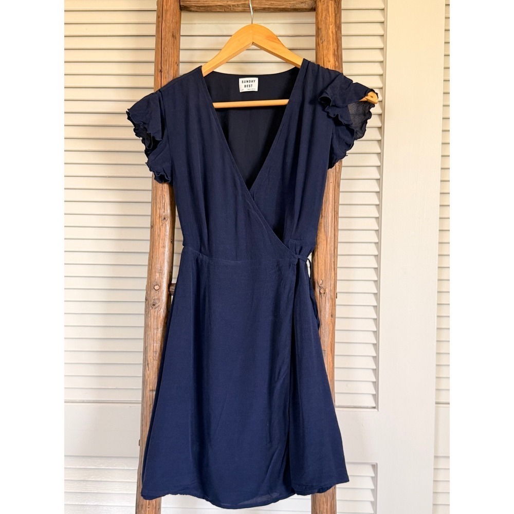 Sunday Best Dress Navy Blue Wrap Ruffle Sleeve Casual Party‎ XXS